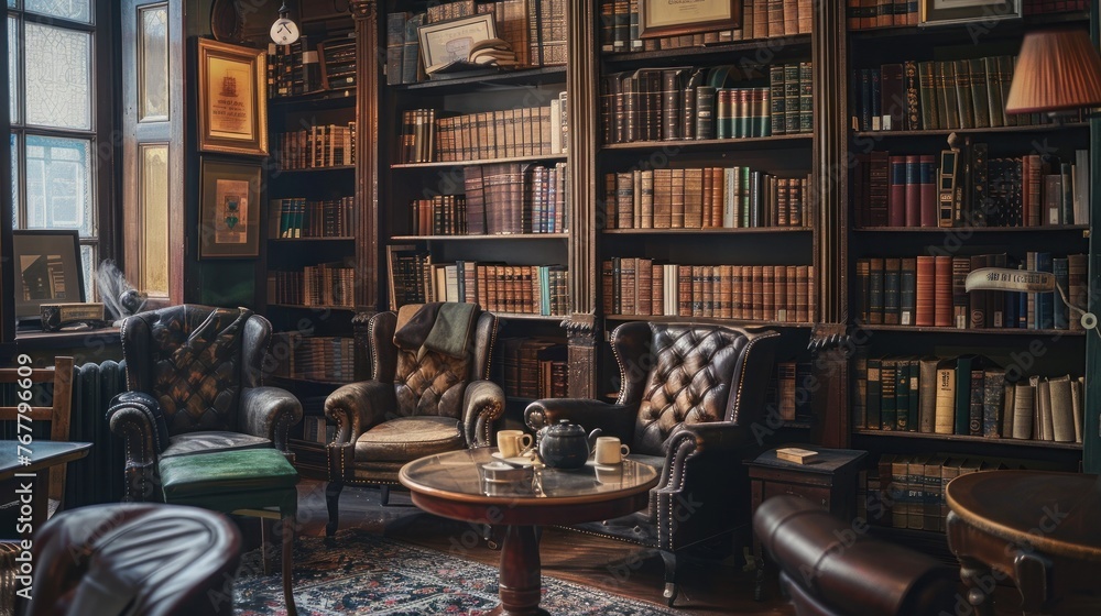 Classic vintage library interior with leather armchairs, wooden bookshelves filled with books, and cozy reading atmosphere with warm lighting. Traditional study room design.