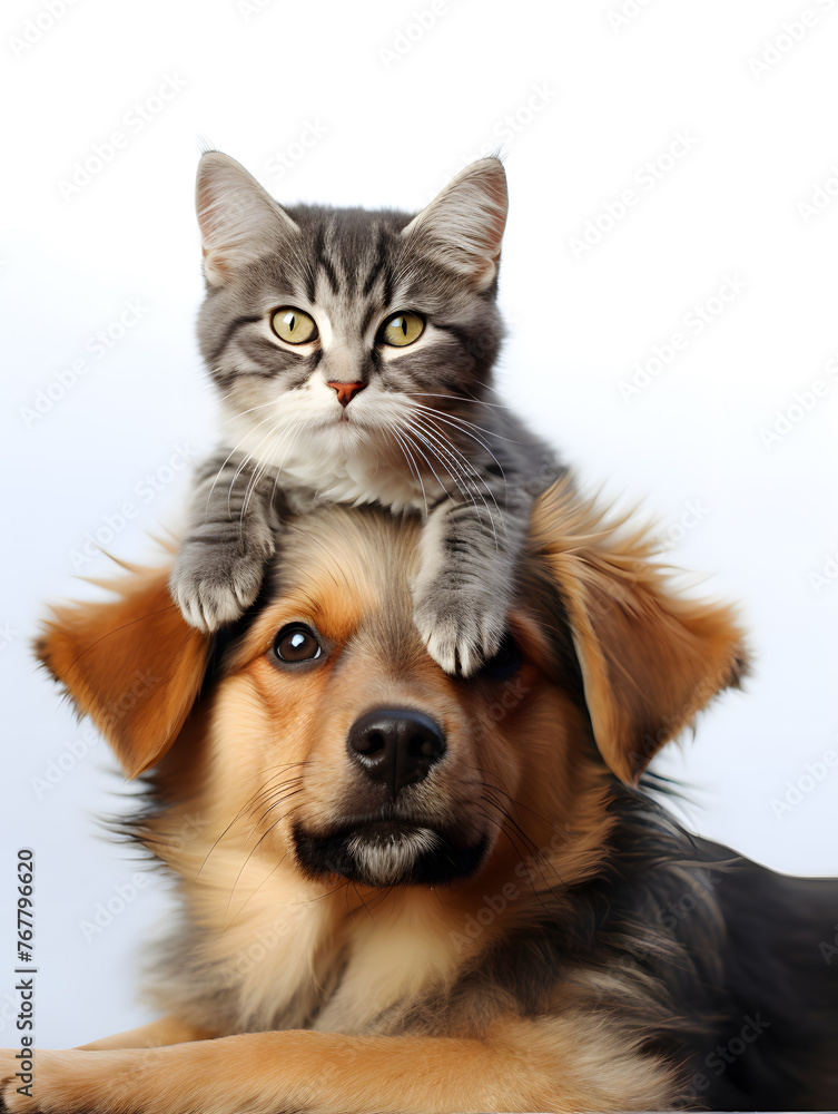 Cat and dog together. Friendship portrait isolated on  white background