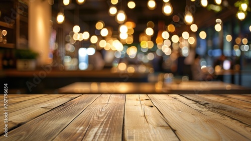 Table restaurant restaurant. Wooden kitchen or bar table on blurred interior of the evening restaurant hall with lights and visitors  photo