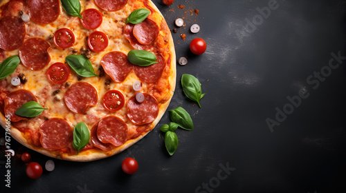Top view Pepperoni pizza on a Dark background Margherita pizza with mozzarella olive tomato