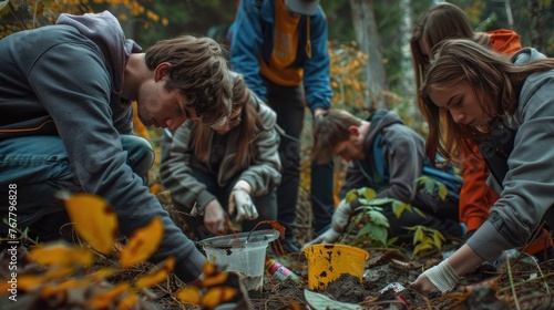 Group of young volunteers planting trees in forest. Conservation and environmental activism with community engagement. © Postproduction