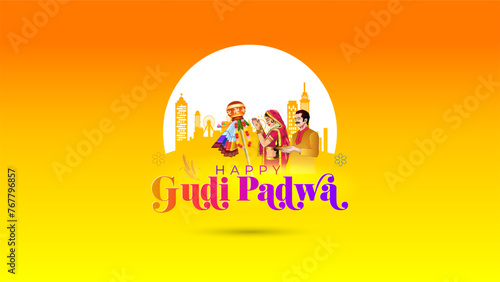 Gudi Padwa banner for Lunar New Year celebration in India Maharashtra city. Vector illustration