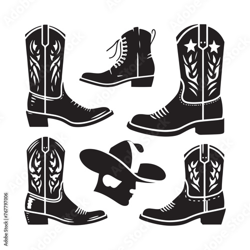 Vector Cowgirl Shoes Silhouette: Western Style Footwear for the Adventurous Cowgirl- cowgirl shoes vector stock.