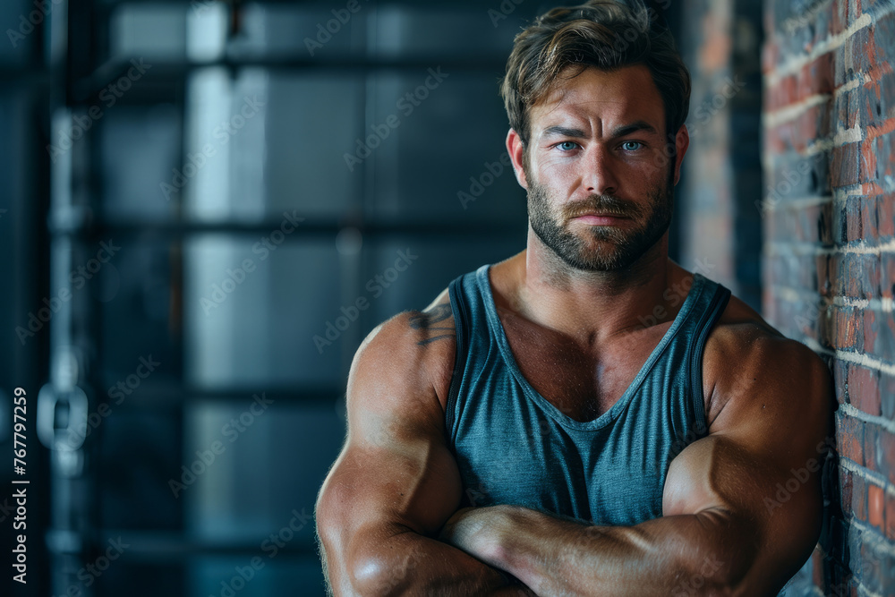 Obraz premium A man with a beard and a tattoo on his arm stands in front of a brick wall. He is wearing a grey tank top and has his arms crossed. strong man in gym