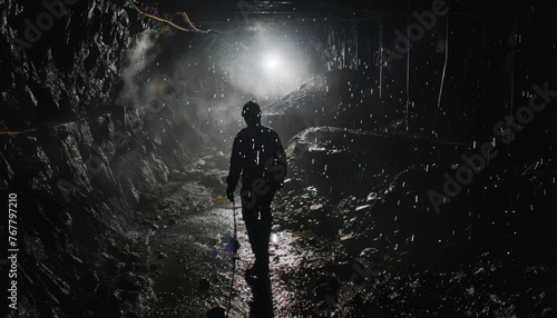 Mining enterprise for coal extraction in a mine. A worker miner stands at an ore deposit.