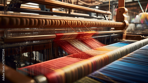 Celebrating modern traditional heritage craft, Close-Up of hands weaving a colorful textile on a wooden loom 