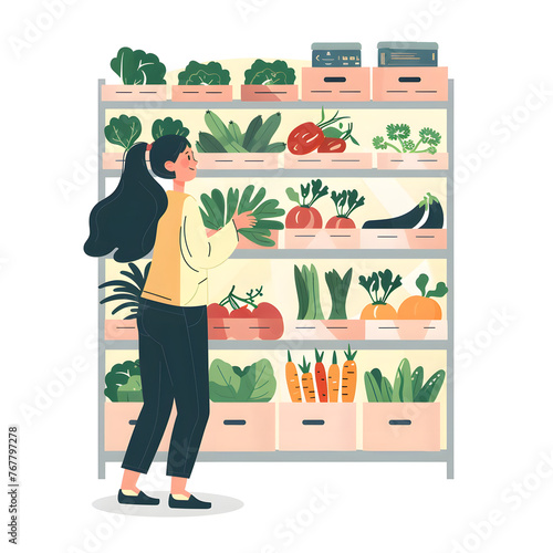  2d flat cartoon illustration of a lady choosing vegetables from the vegetable rack isolated in white background