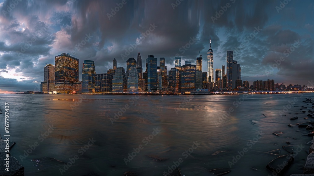 Dramatic evening skyline of bustling cityscape with illuminated skyscrapers reflecting in waterfront. Urban architecture and development.