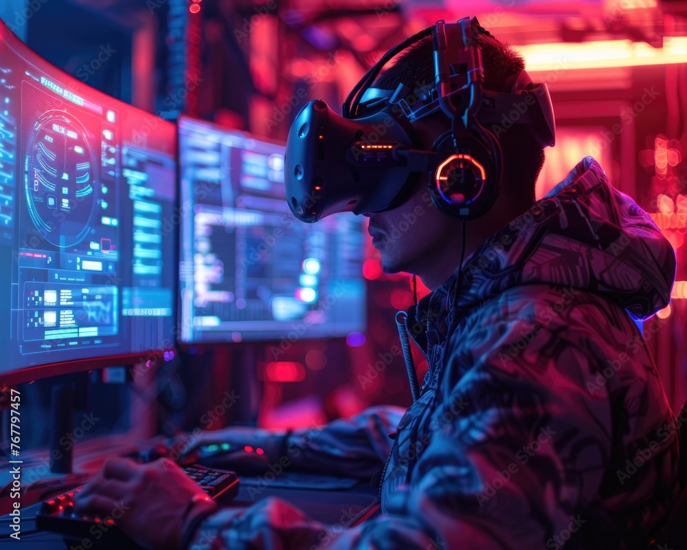 Gamer Engaged in Space-Themed Simulation. Gamer With VR Headset in Neon-Lit Room
Gamer Engaged in Space-Themed Simulation. Gamer With VR Headset in Neon-Lit Room