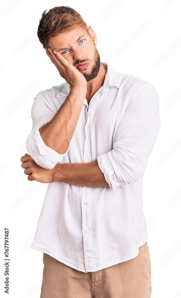 Young caucasian man wearing casual clothes thinking looking tired and bored with depression problems with crossed arms. Young caucasian man wearing casual clothes thinking looking tired and bored with depression problems with crossed arms.