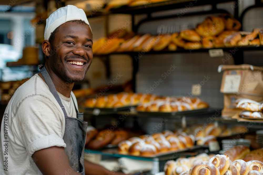 A smiling man stands behind a counter with a variety of pastries. He is wearing a white hat and apron. smiling man working in bakery