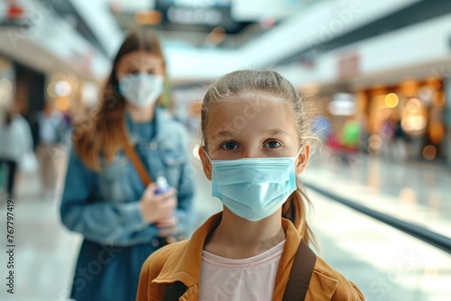  Family wearing face masks in public during virus outbreak 