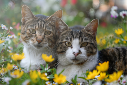 Retrato de gatos comunes entre las flores.