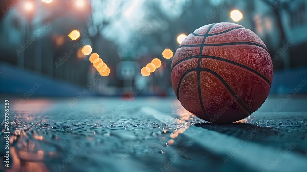 Street basketball on urban court after rain and basketball hoop in the background with soft bokeh light - obrazy, fototapety, plakaty 