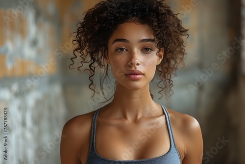 Woman With Curly Hair Wearing Sports Bra