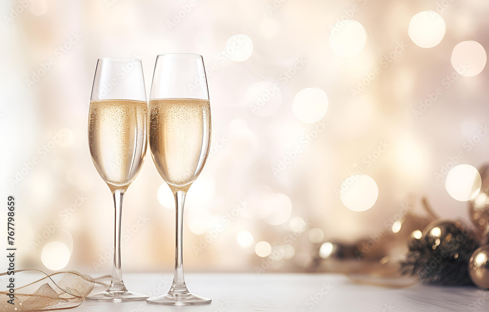 champagne flutes on white holiday table decor with bokeh backgro