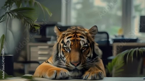 A tiger at a work desk in an office