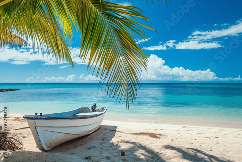 Sunny beach with coconut palm trees on exotic Paradise island. White Boat at pier with palm trees. Beautiful panoramic tropical landscape with turquoise ocean and blue sky with clouds.