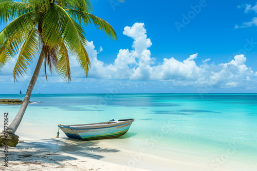 Sunny beach with coconut palm trees on exotic Paradise island. White Boat at pier with palm trees. Beautiful panoramic tropical landscape with turquoise ocean and blue sky with clouds.