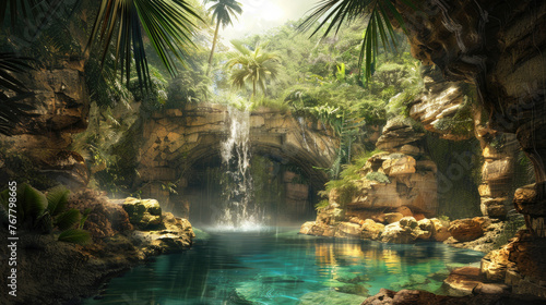 Tropical cave with pool of water. Summer exotic landscape © Julia G art