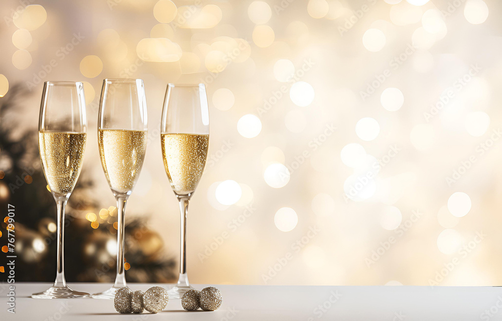 champagne flutes on white holiday table decor with bokeh backgro champagne flutes on white holiday table decor with bokeh backgro
