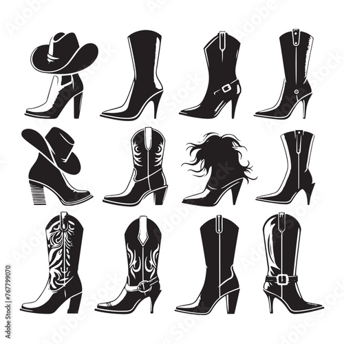 Vector Cowgirl Shoes Silhouette: Western Style Footwear for the Adventurous Cowgirl vector stock.