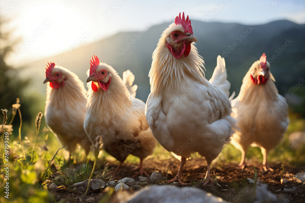 Portrait of chickens on a green grass meadow in mountains, bright sunny day, on a ranch in the village, rural surroundings on the background of spring nature