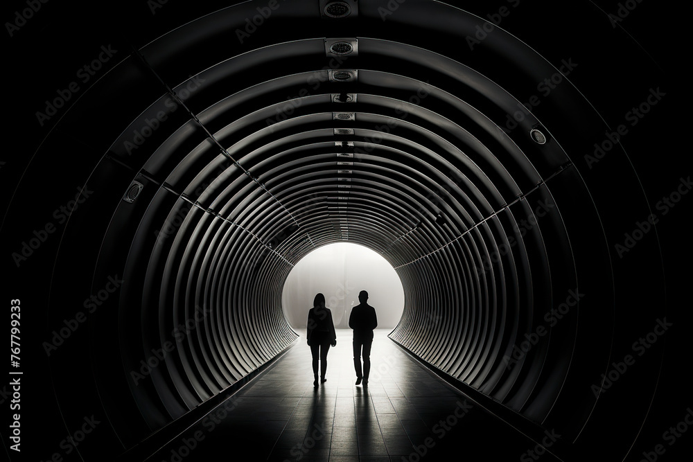 Two silhouetted figures stand in a dramatically lit, circular tunnel, leading towards a bright exit, creating a sense of mystery