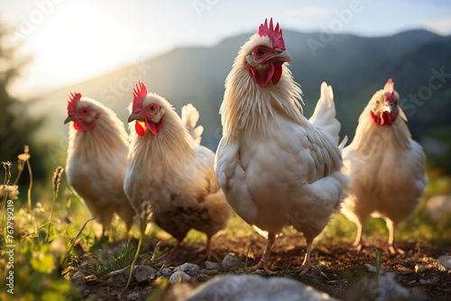 Portrait of chickens on a green grass meadow in mountains, bright sunny day, on a ranch in the village, rural surroundings on the background of spring nature © soleg