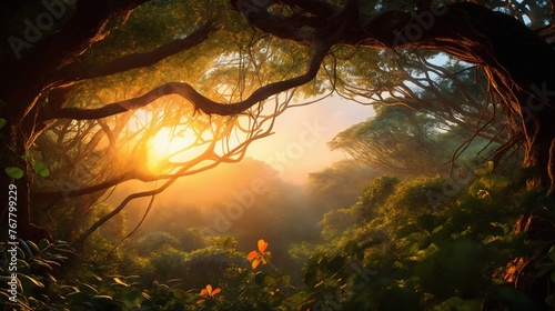 beautiful summer landscape at sunset, an old big tree in the forest, sunlight shines through with twisting branches, a glade with flowers, beautiful nature © soleg
