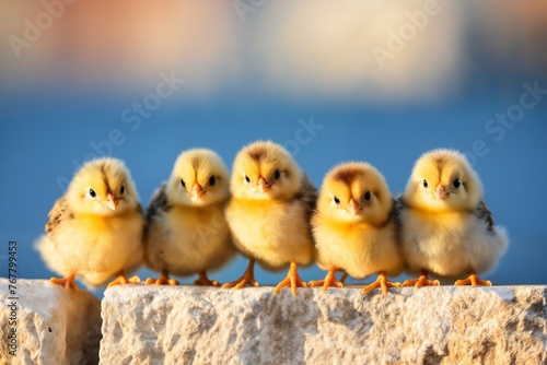 Portrait of small baby chickens on a stone fence, on a ranch in the village, rural surroundings on the background of spring nature