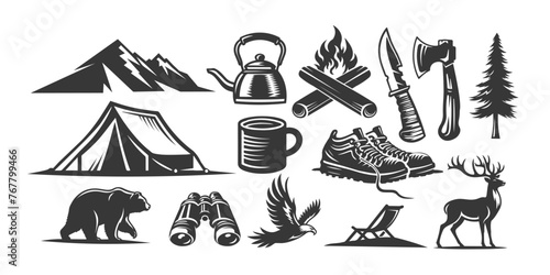 Camping elements monochrome set vintage logo vector graphic template