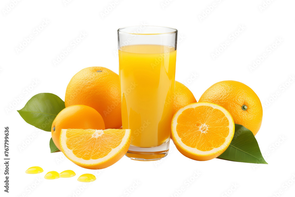 Citrus Symphony: A Glass of Sun-kissed Orange Juice Surrounded by Ripe Oranges. On a White or Clear Surface PNG Transparent Background. Citrus Symphony: A Glass of Sun-kissed Orange Juice Surrounded by Ripe Oranges. On a White or Clear Surface PNG Transparent Background.