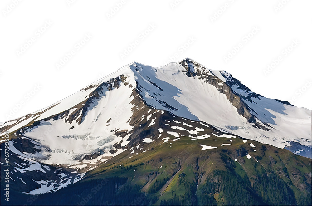 Snowy mountain peaks with rocks and forest on transparent background