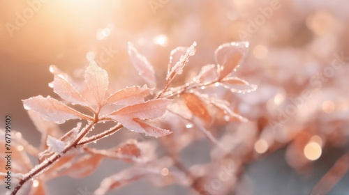 a beautiful winter landscape with frost on grass and branches, a snowy forest in background, sunlight and beautiful nature © soleg