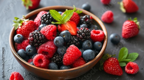 Wooden Bowl Filled With Berries and Raspberries