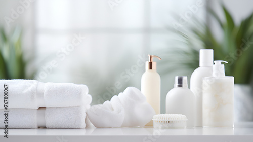 Towels and ceramics shampoo or soap on top marble table in bathroom background Bath-time Elegance. Luxurious Towels, Blooming Beauty, and handy dispenser Spa products on white table in bathroom  photo