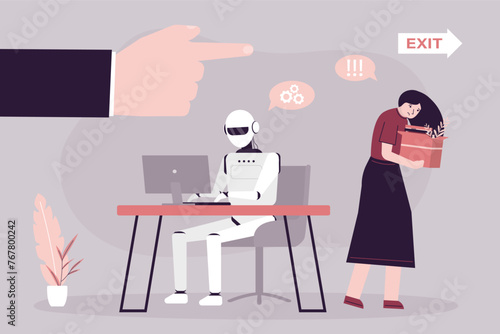 Dismissal concept, staff reduction. Boss replacing female employee on robot. Worker woman leaving office with stuff in box. High efficiency, automation, futuristic technologies
