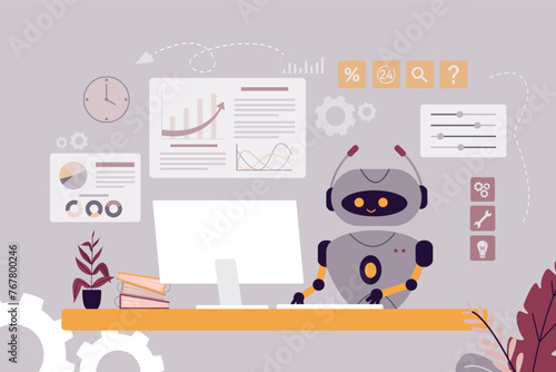 Robot working at workplace. Trading robot or bot analyst studying charts and graphs. Financial smart chatbot and different diagrams, charts. Innovation,