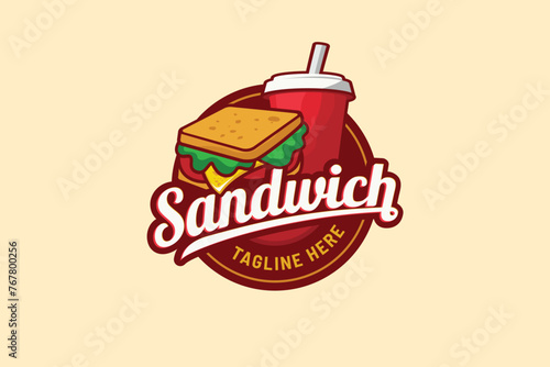 sandwich logo with a combination of a burger sandwich, drink and beautiful lettering. This is suitable for fast food, restaurants, cafes, food trucks, etc.