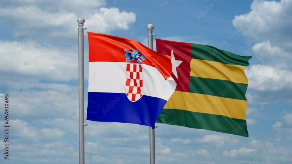 Togo, Togolese Republic and Croatia two flags waving together, looped video, two country cooperation concept Togo, Togolese Republic and Croatia two flags waving together, looped video, two country cooperation concept