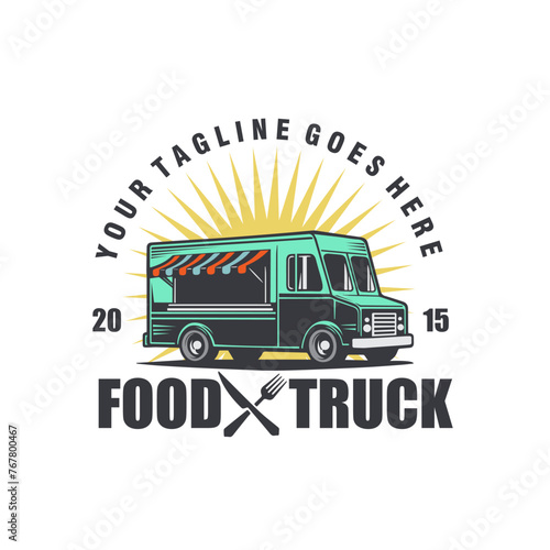 Food truck logo for restaurant delivery service vintage vector graphic
