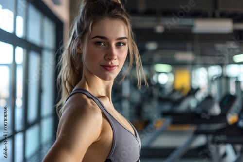 Close up image of attractive fit woman in gym