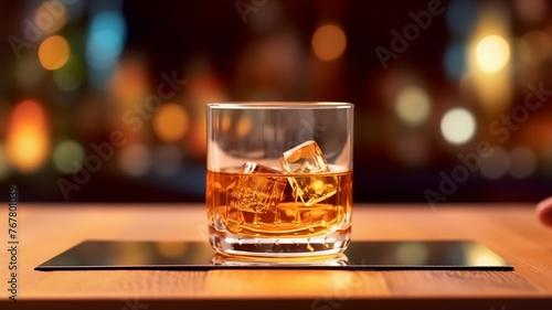 a glass of whiskey on the table, premium spirits photo