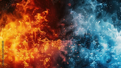 Abstract fiery and icy contrast concept - A visually striking image featuring an abstract contrast of fiery red and icy blue tones that suggest opposites or duality