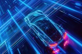 Car wireframe amidst bright neon lines - Conceptual 3D render of a car wireframe highlighting design and aerodynamics surrounded by vibrant neon lighting