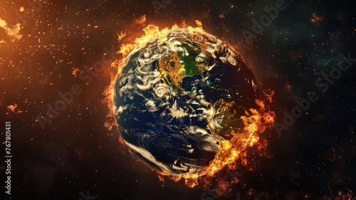 Burning earth global warming concept illustration - A powerful representation of planet Earth on fire, symbolizing the urgent issue of global warming and climate change