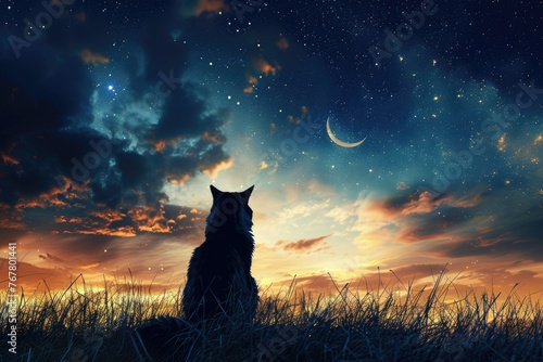 Cat gazing at starry night sky - A solitary cat sits in a field, looking at a starry night sky with a crescent moon, radiating calm and wonder
