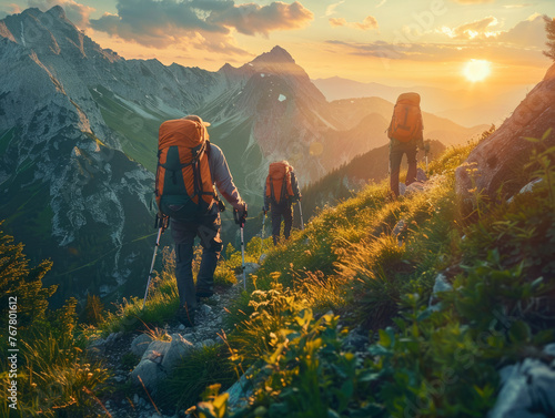 Trekking Adventure at Sunset in Mountains . Group of hikers on a mountain trail at sunrise, using eco-friendly gear, surrounded by panoramic views of untouched wilderness.  © banthita166