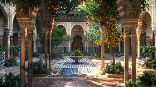 Inside a grandiose Moorish palace, adorned with ornate tilework, graceful arches, and lush inner courtyards filled with fragrant orange trees.